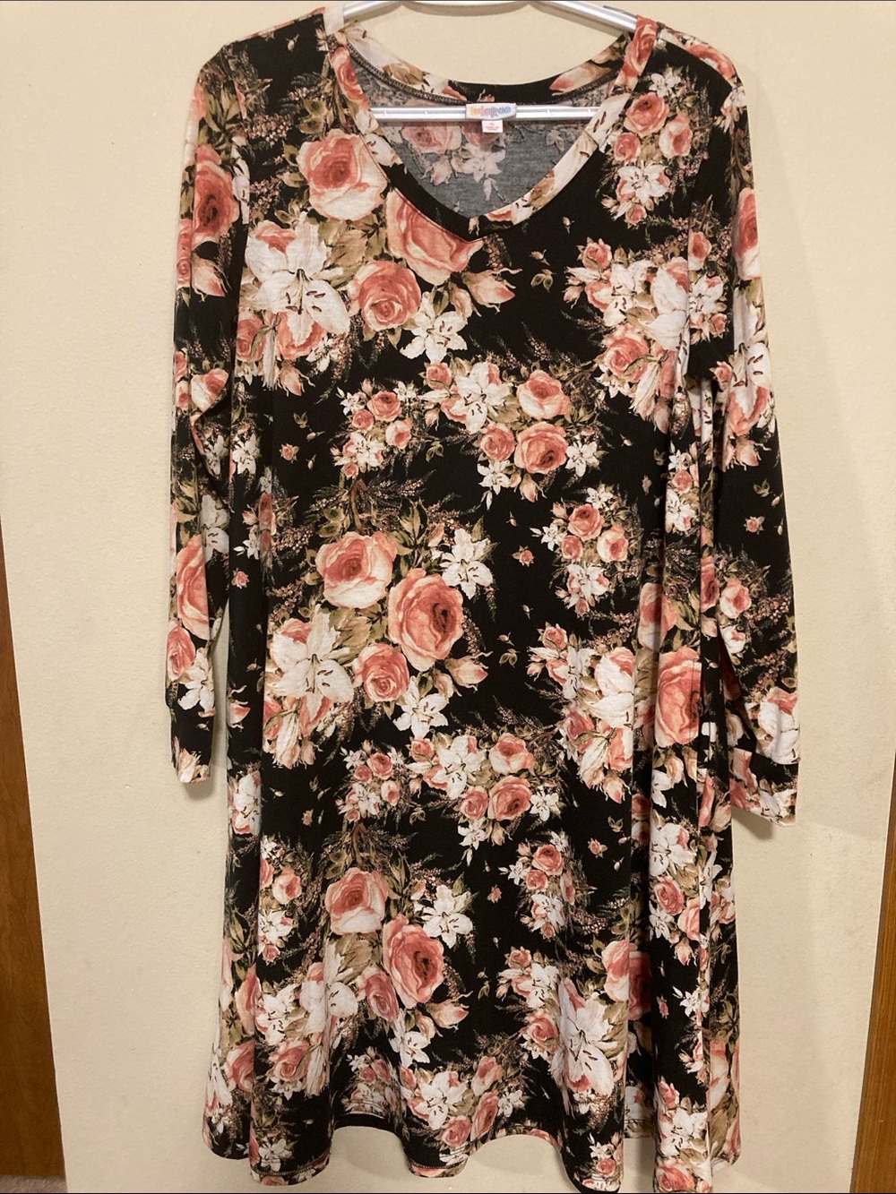 LuLaRoe Black Dress with Pink and Cream Floral Print - Long Sleeve